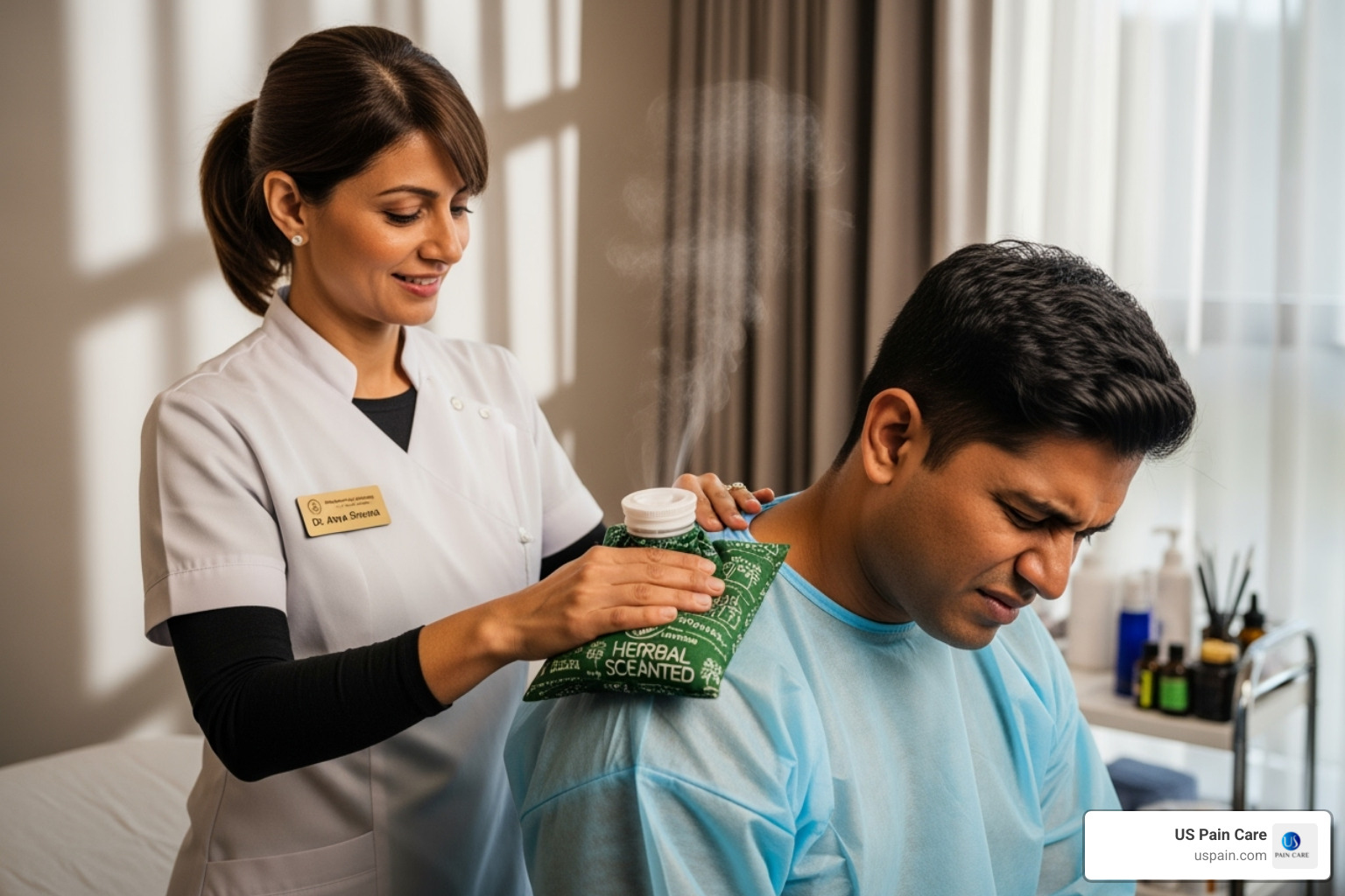 A therapist applying heat therapy to a patient's shoulder - pain relief alternative therapies