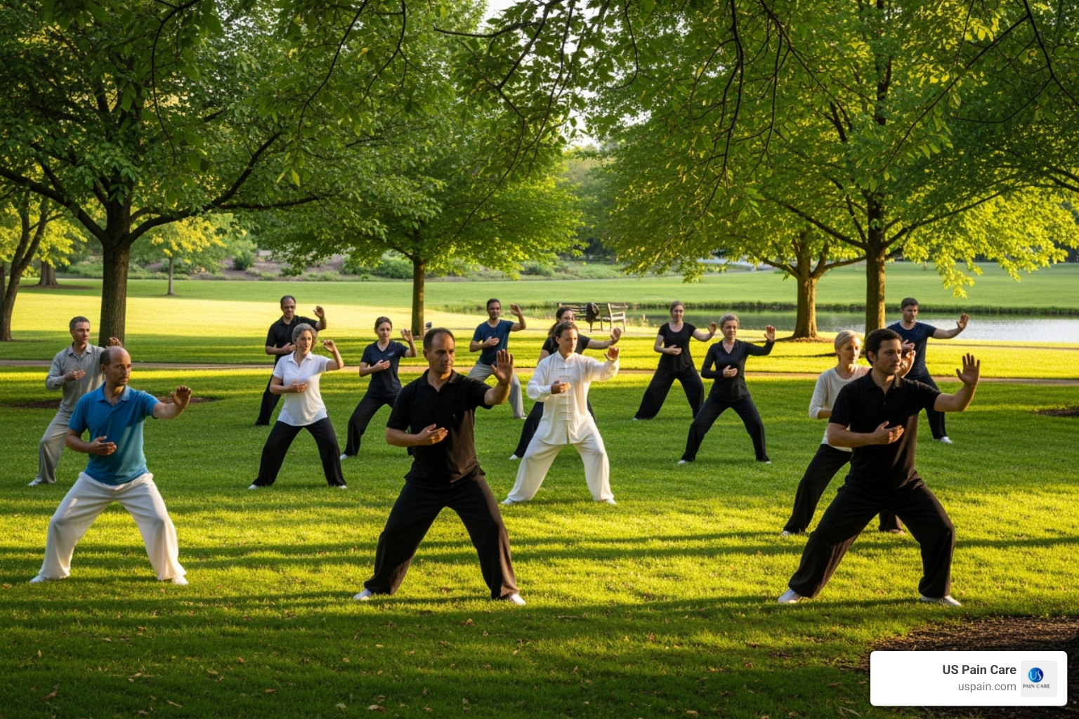 A diverse group of people practicing Tai Chi in a park setting - pain relief alternative therapies
