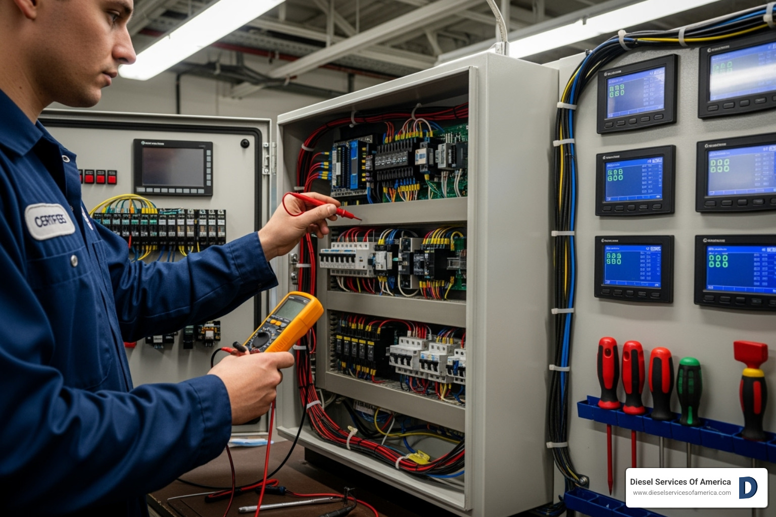 Image of a certified technician working on a complex generator control panel - generator repair miami