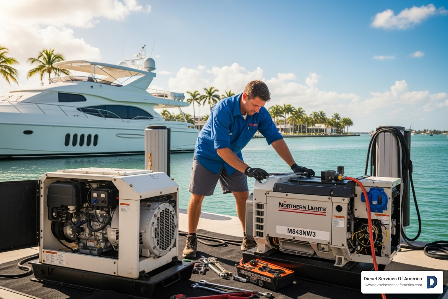 Image of a generator being serviced dockside in South Florida - generator repair miami