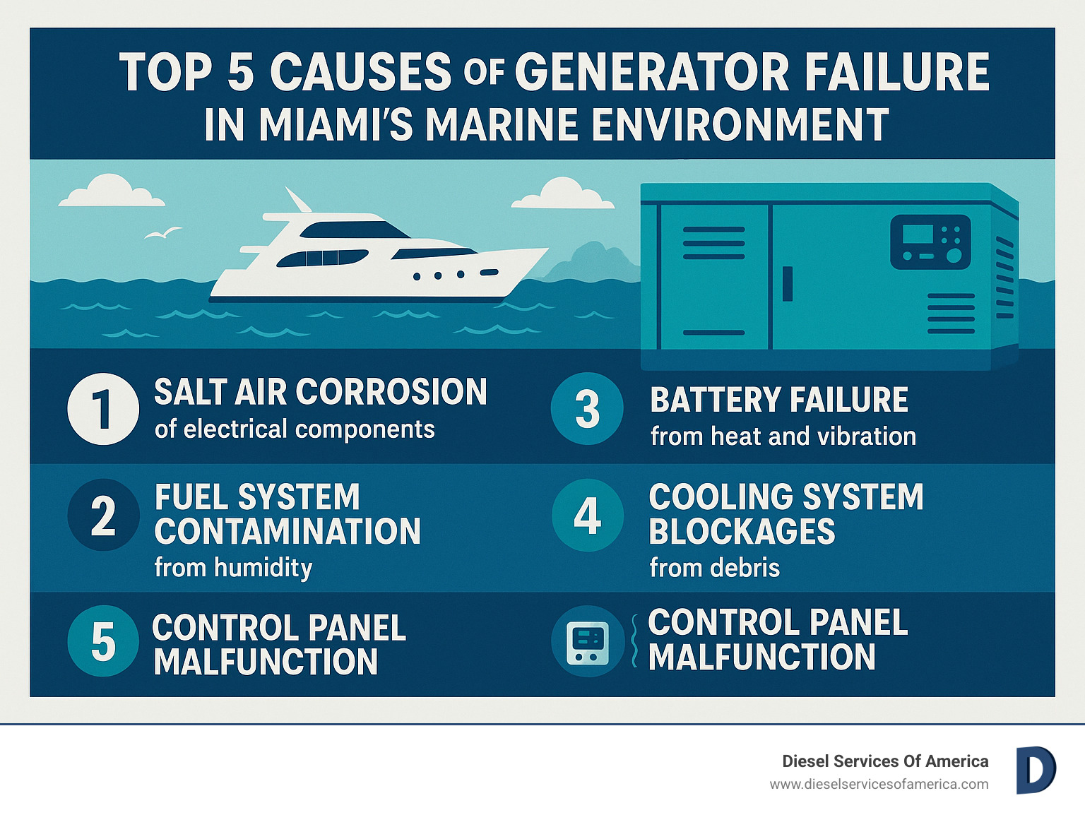 Infographic showing the top 5 causes of generator failure in Miami's marine environment: salt air corrosion of electrical components, fuel system contamination from humidity, battery failure from heat and vibration, cooling system blockages from debris, and control panel malfunctions from moisture intrusion - generator repair miami infographic 