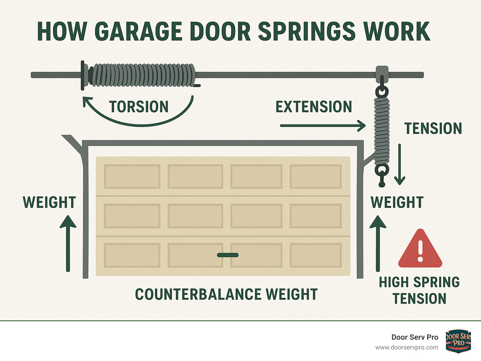 Infographic showing how garage door springs counterbalance the door's weight through torsion or extension mechanisms, with arrows indicating the forces at work and safety warnings about high tension - garage door spring service infographic Infographic showing how garage door springs counterbalance the door's weight through torsion or extension mechanisms, with arrows indicating the forces at work and safety warnings about high tension - garage door spring service infographic