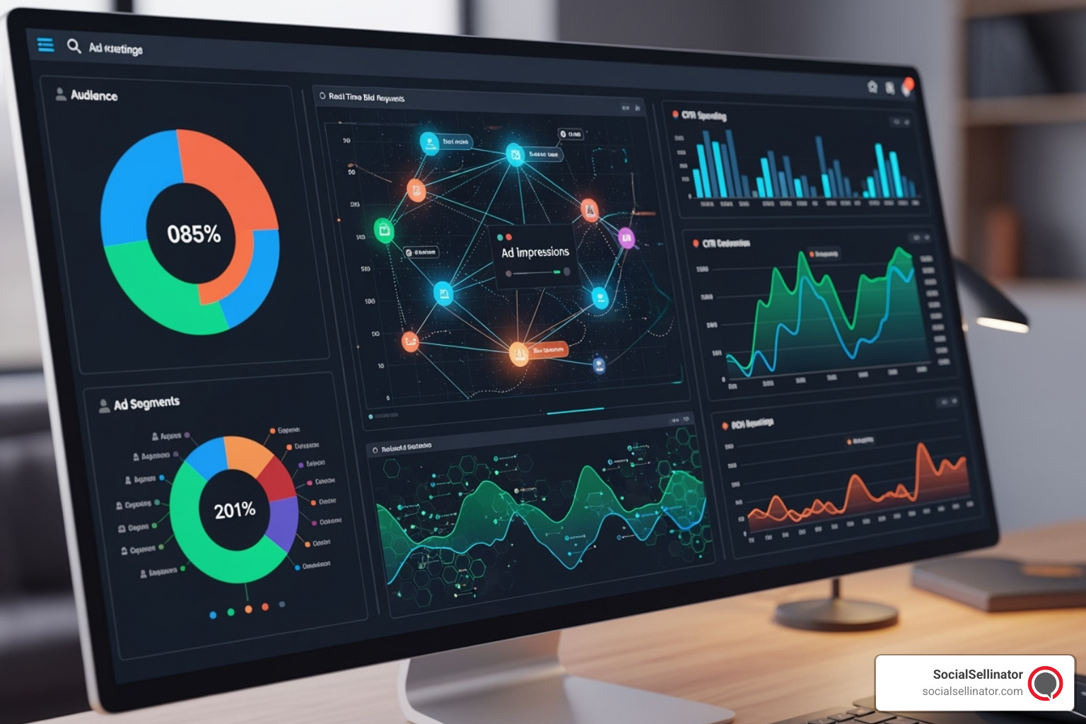 Sophisticated ad tech platform interface with data visualizations and AI algorithms - best web advertising companies