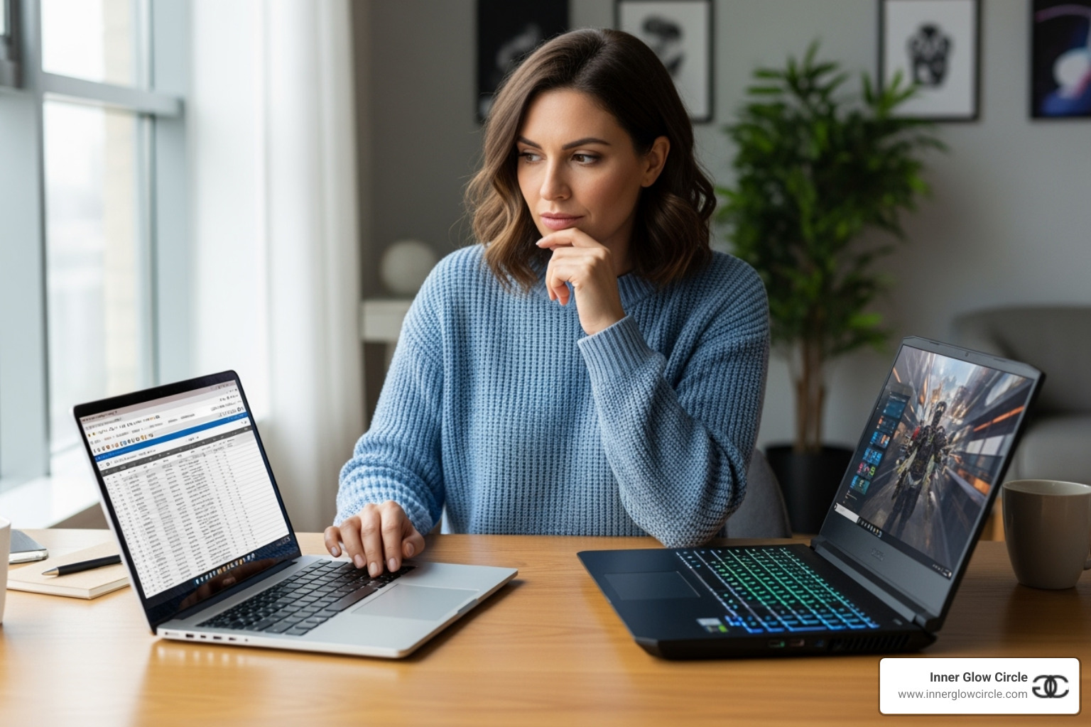 woman comparing two different laptops - life coaching training woman comparing two different laptops - life coaching training