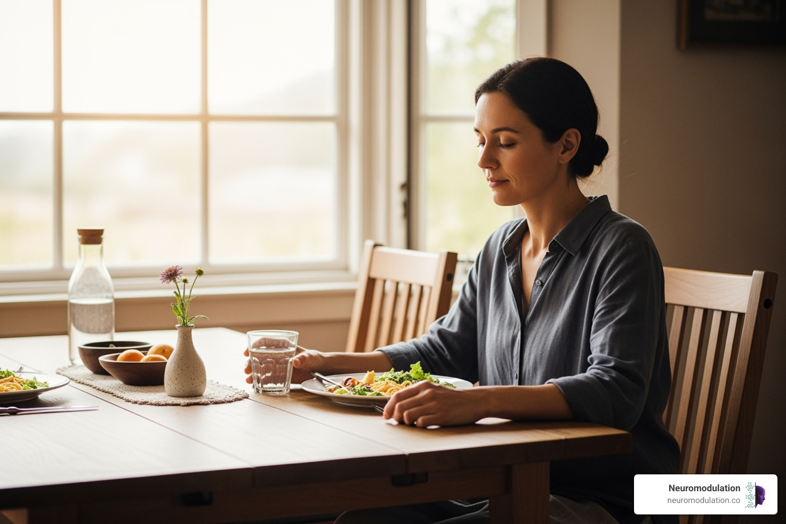 Person relaxing with a meal, illustrating the 'rest and digest' state - parasympathetic nervous system function examples