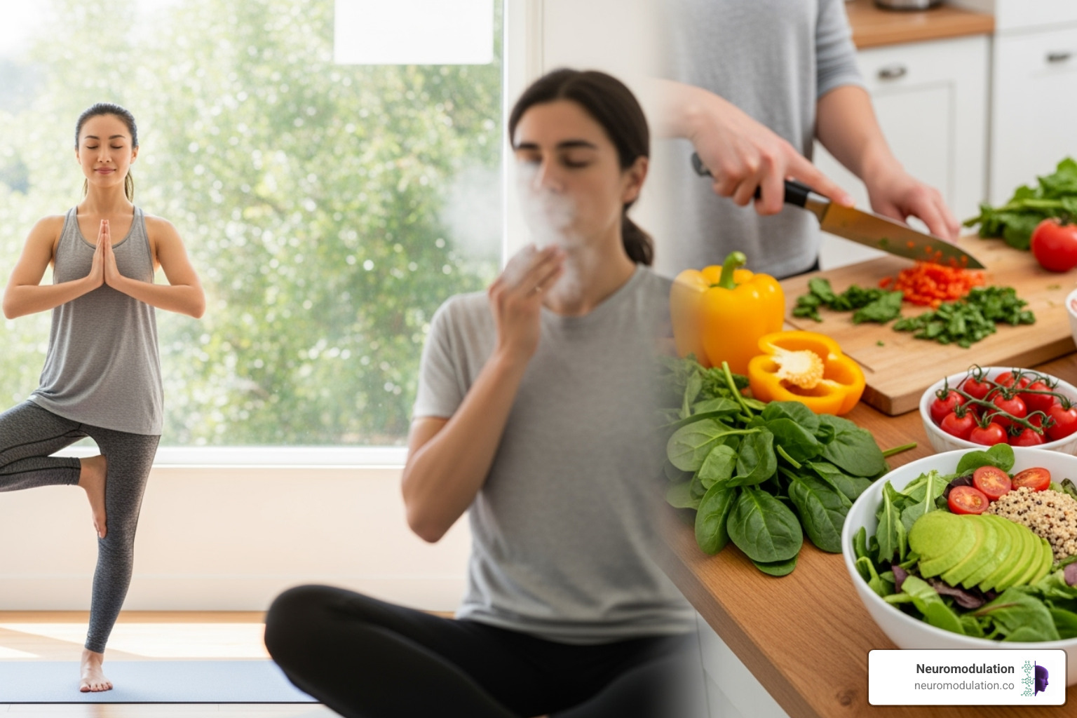 Various wellness activities like yoga, deep breathing, and healthy eating - parasympathetic nervous system function examples