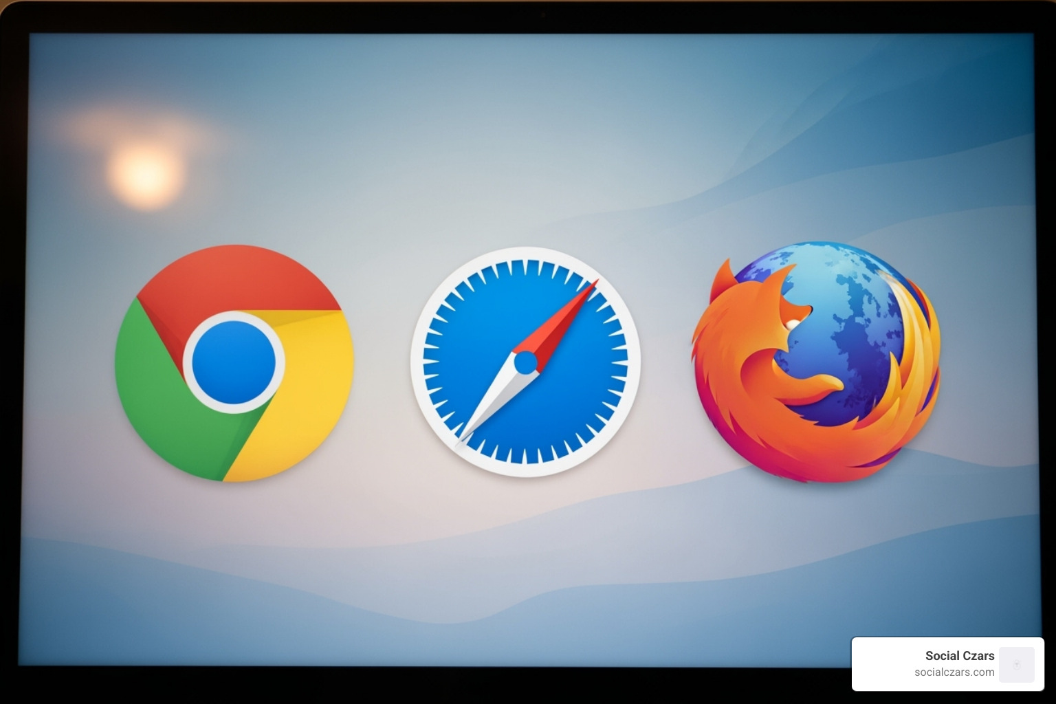 Desktop computer showing logos of Chrome, Safari, and Firefox browsers - Clear search history