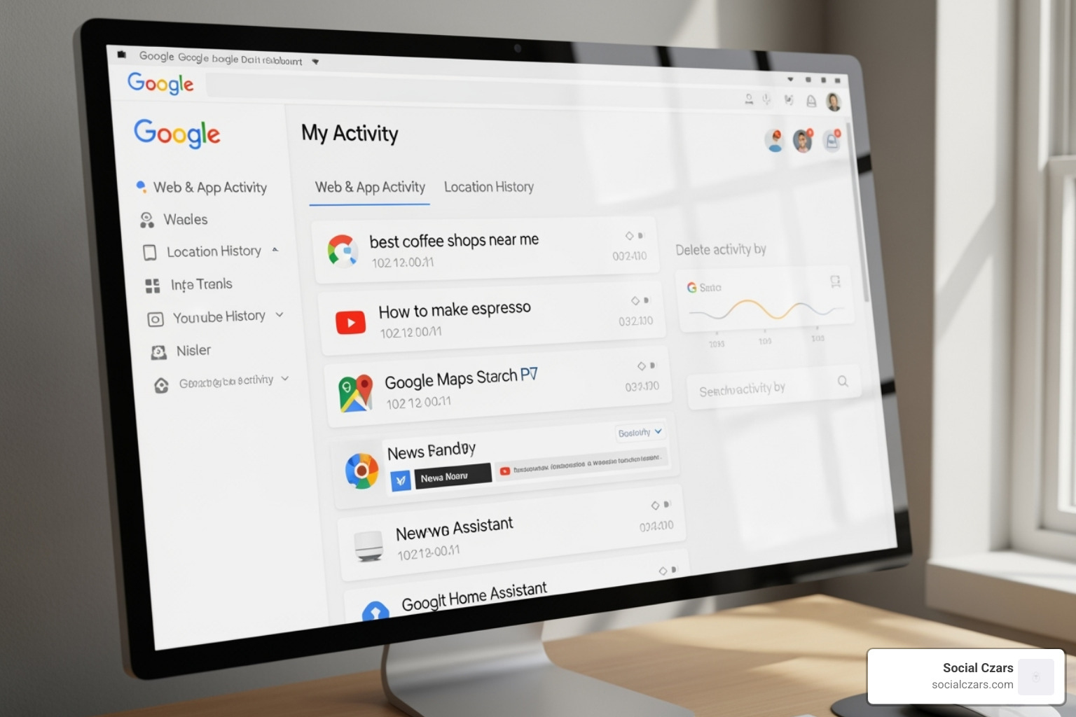 Google My Activity dashboard showing various types of user activity - Clear search history