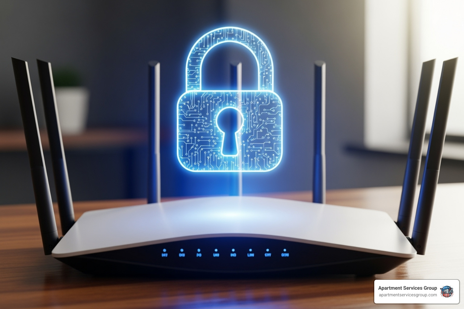 Wi-Fi router with a lock symbol superimposed - apartment alarm systems