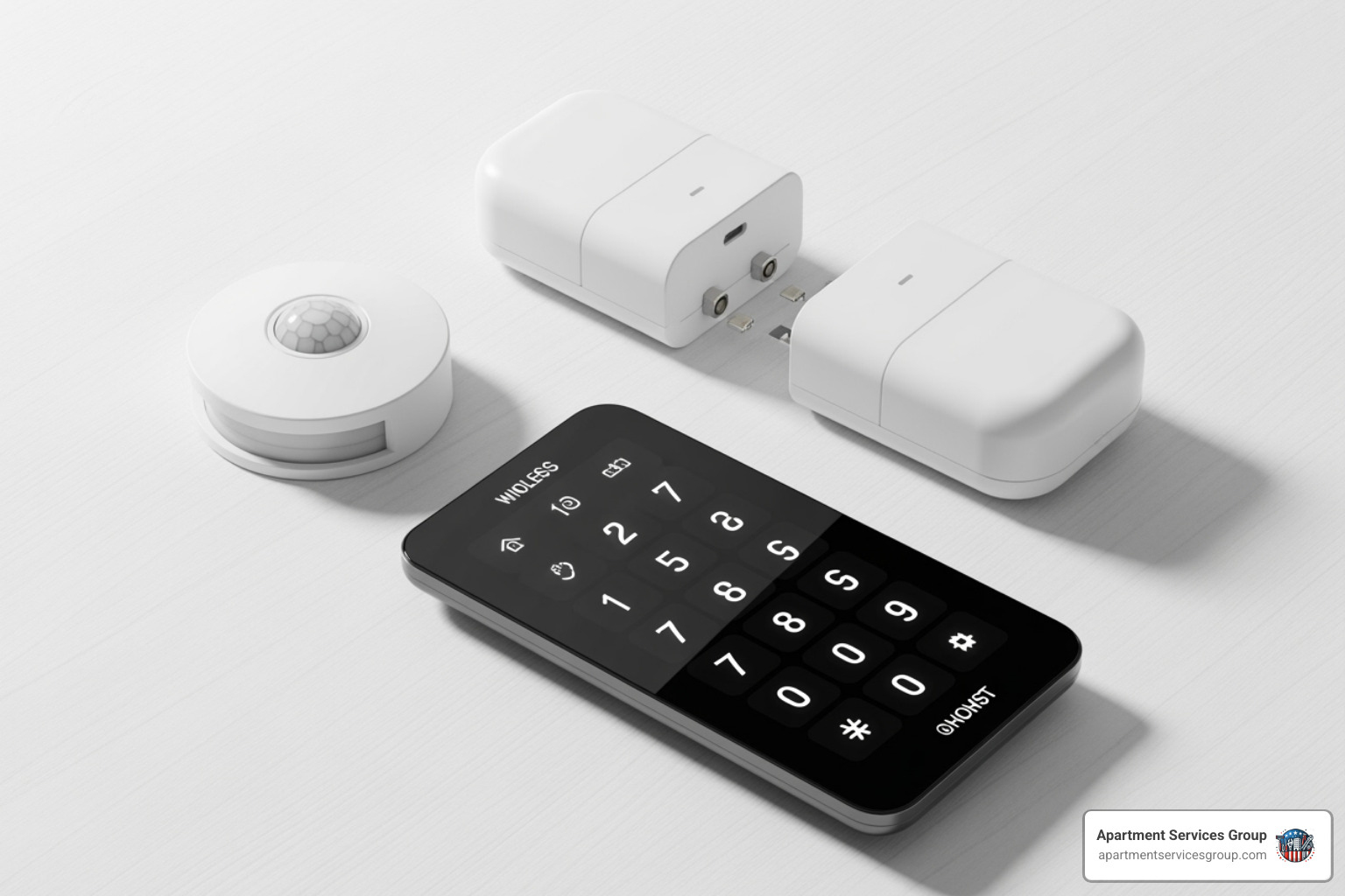 various security components like a contact sensor, motion detector, and keypad laid out neatly - apartment alarm systems