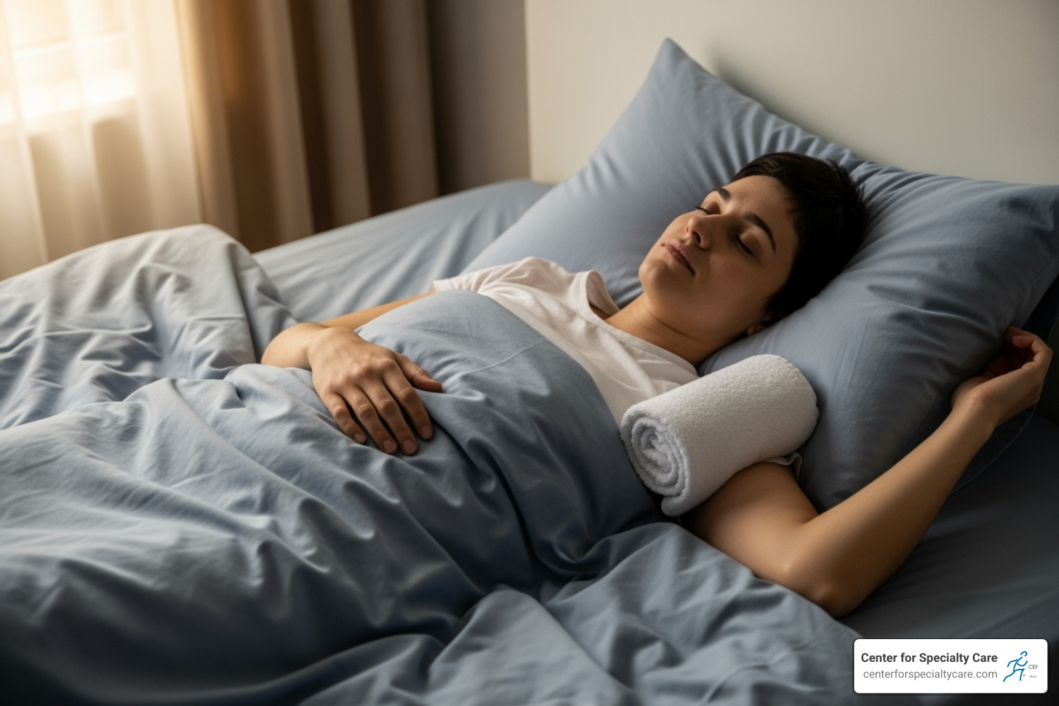 demonstrating proper sleeping posture for shoulder pain (on back with pillow under arm) - rotator cuff tears and shoulder pain at night