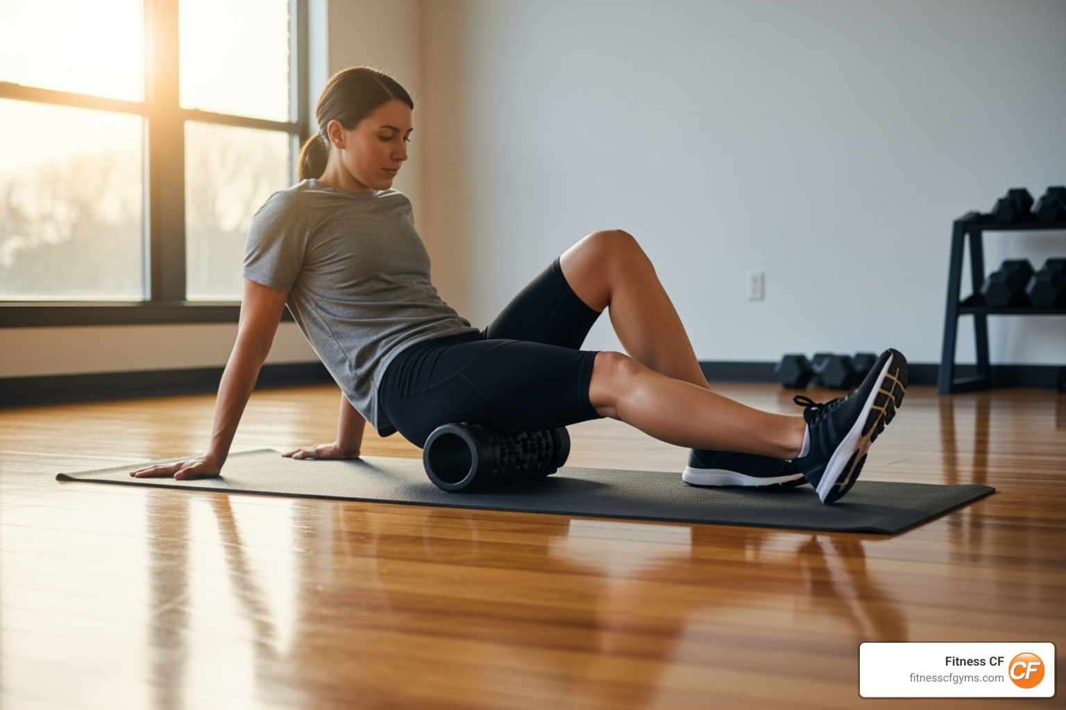 Person using a foam roller on their legs - can you work out with sore muscles