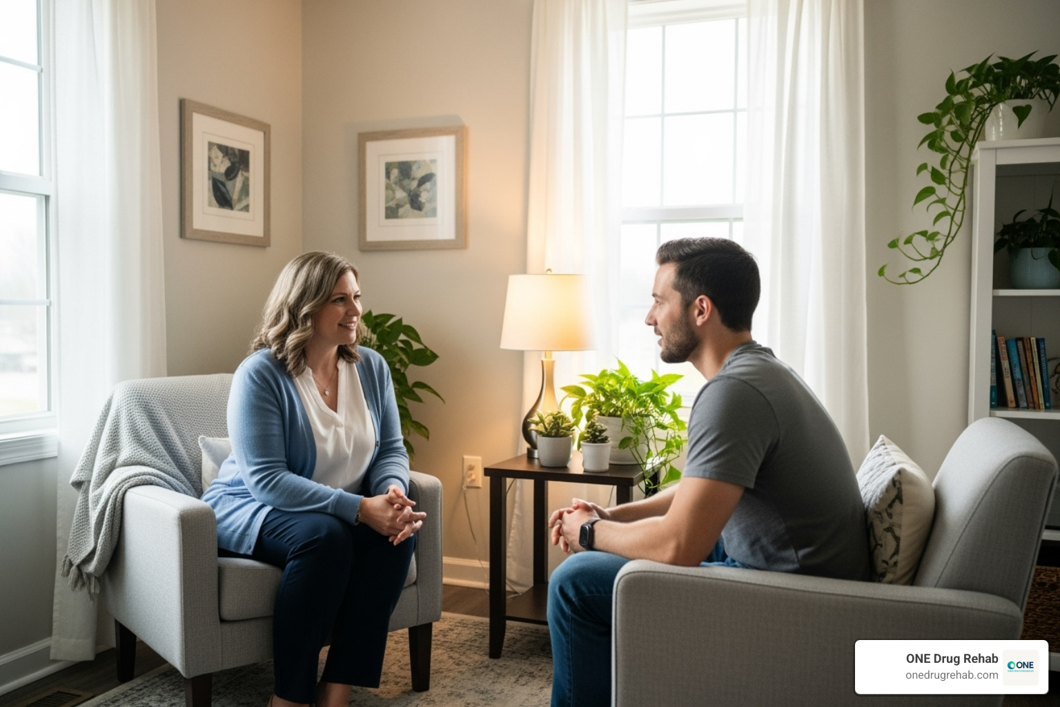 One-on-one therapy session in a calm setting - alcoholism rehabilitation programs