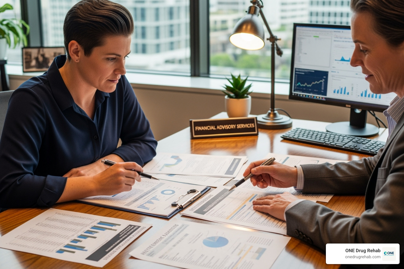 Person reviewing financial documents with a counselor - alcoholism rehabilitation programs
