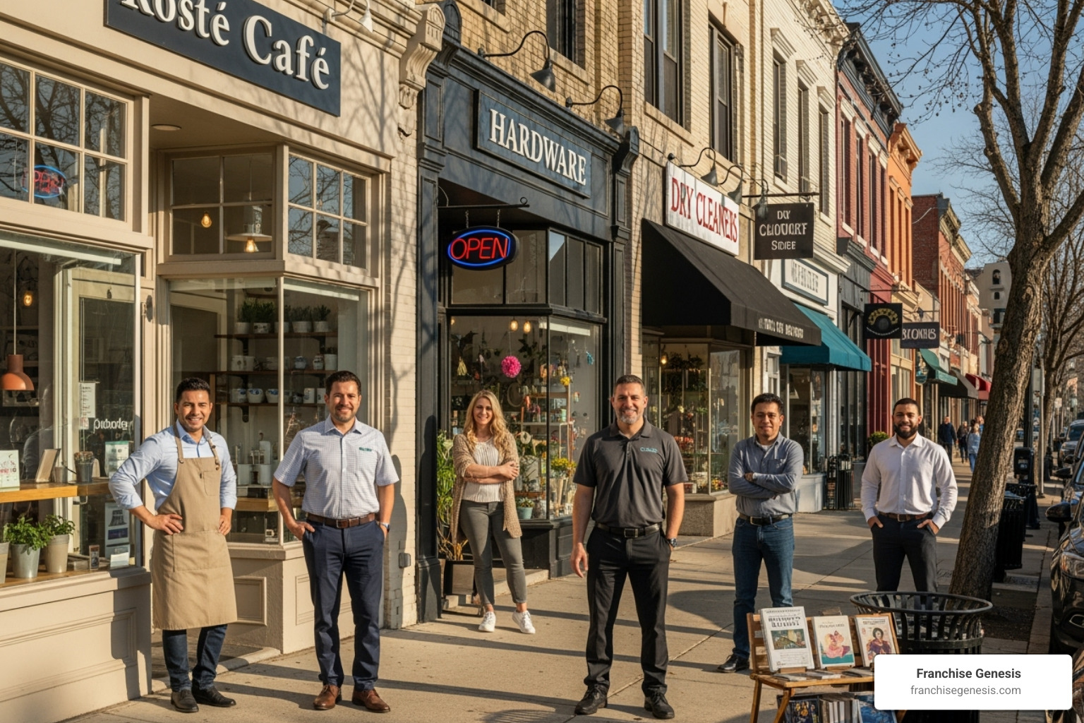 Diverse group of successful franchisees in front of their stores - how much does franchising consulting business charge