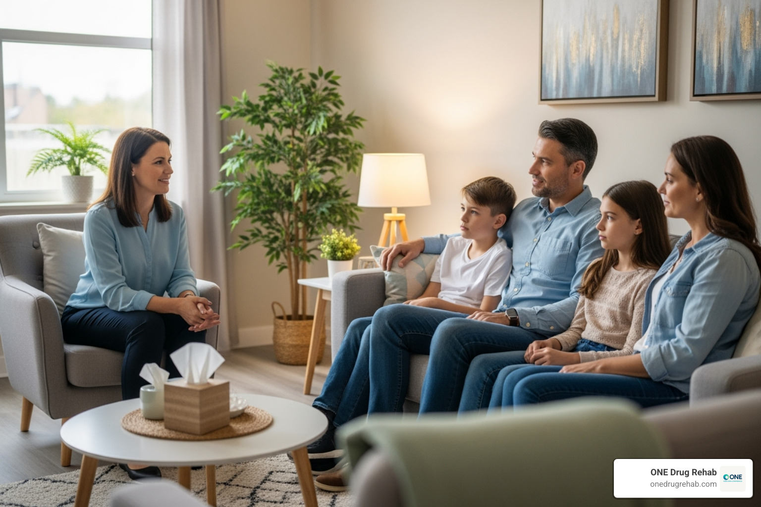 A family (two parents and two children) sitting with a therapist, engaged in a counseling session - how do residential and outpatient rehab programs compare