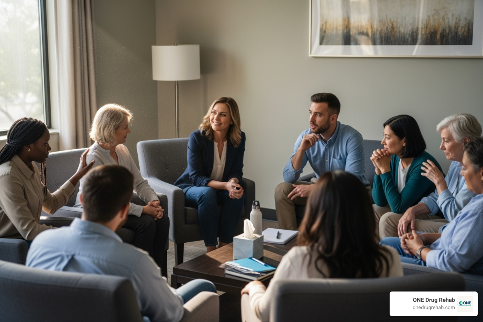A diverse group of people sitting in a circle, engaged in a group therapy session with a therapist leading the discussion - how do residential and outpatient rehab programs compare