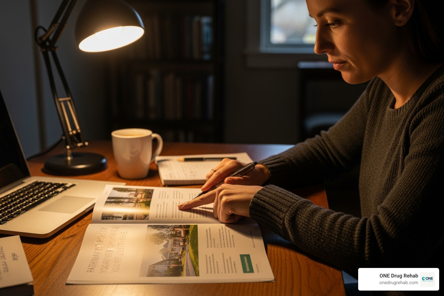 A person sitting thoughtfully at a desk, looking at a brochure for a treatment center, with a pen in hand as if considering options - how do residential and outpatient rehab programs compare