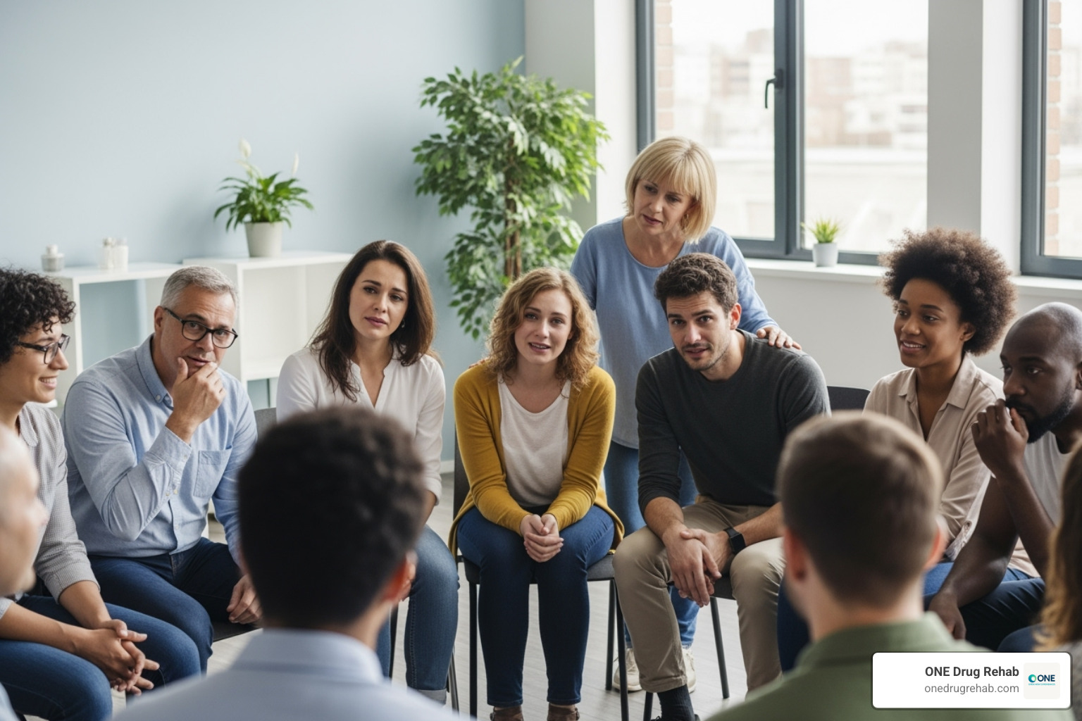 A diverse group of people in a support meeting - alcohol addiction rehab A diverse group of people in a support meeting - alcohol addiction rehab