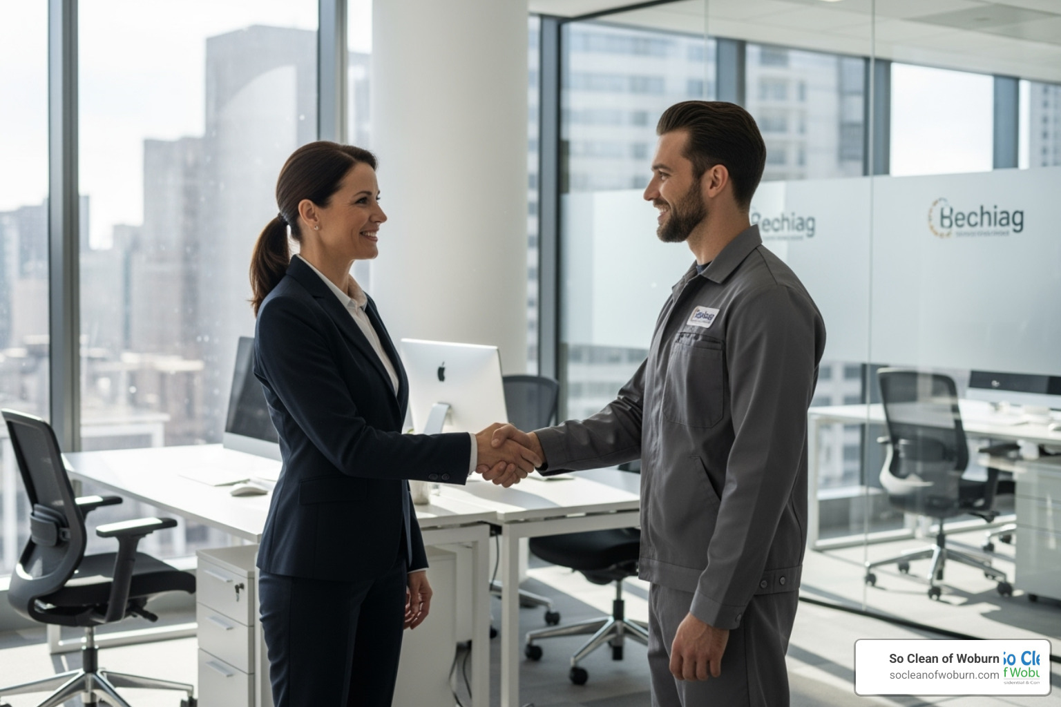 a business manager shaking hands with a cleaning professional - janitorial commercial services