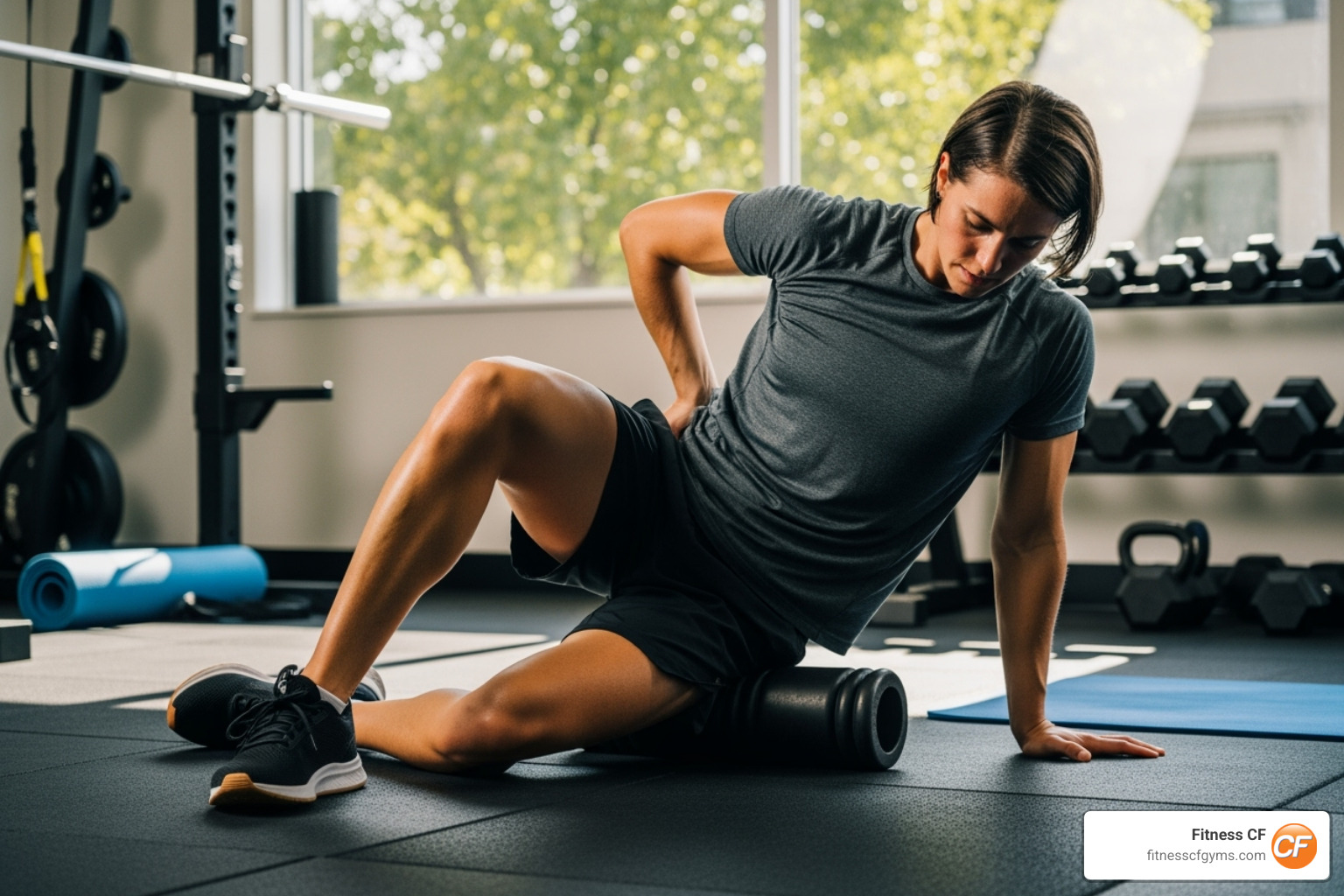 person using foam roller - alleviate sore muscles after workout person using foam roller - alleviate sore muscles after workout