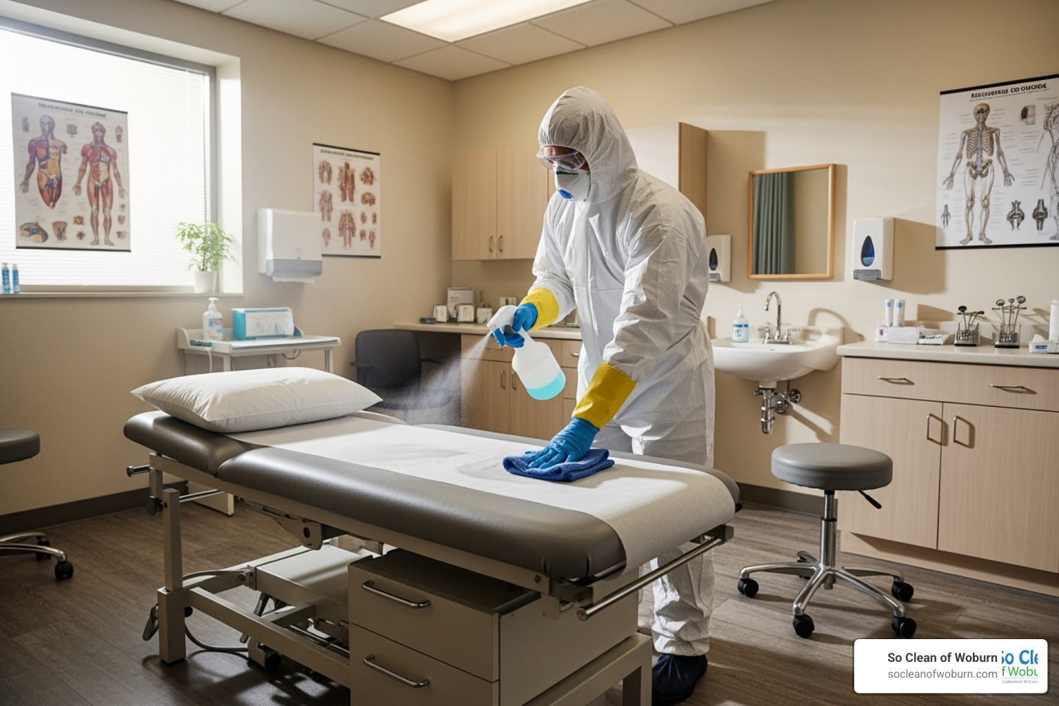 A cleaner sanitizing a medical office examination room - companies looking for commercial cleaners A cleaner sanitizing a medical office examination room - companies looking for commercial cleaners