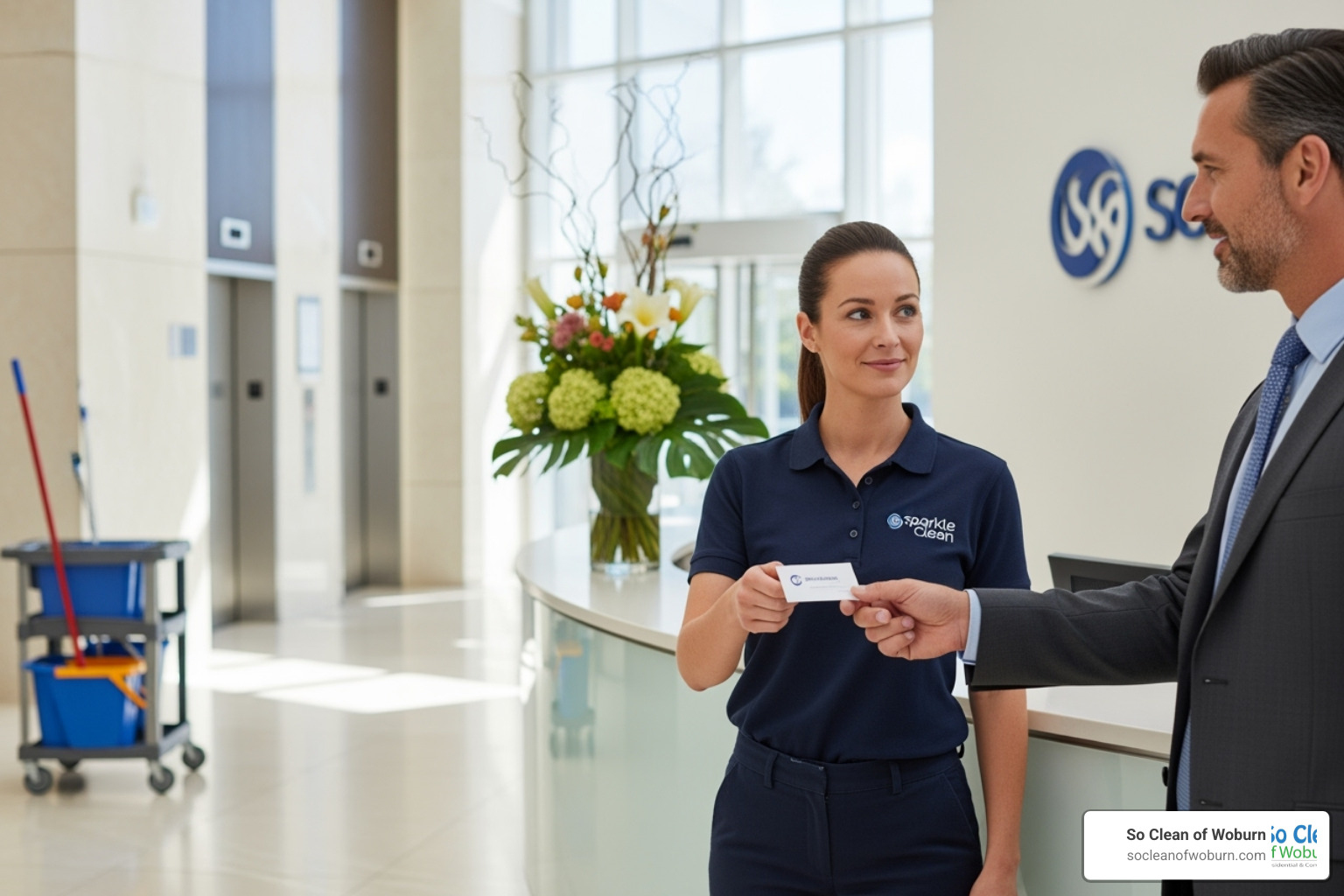 A professional cleaner handing a business card to a facility manager - companies looking for commercial cleaners A professional cleaner handing a business card to a facility manager - companies looking for commercial cleaners