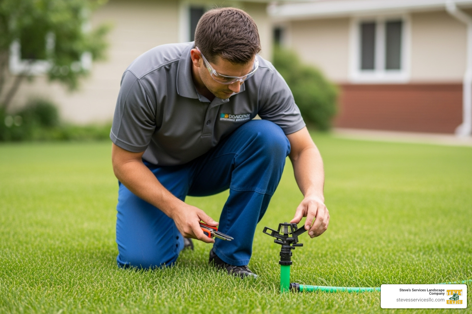 Professional technician inspecting a sprinkler head - underground sprinkler system maintenance