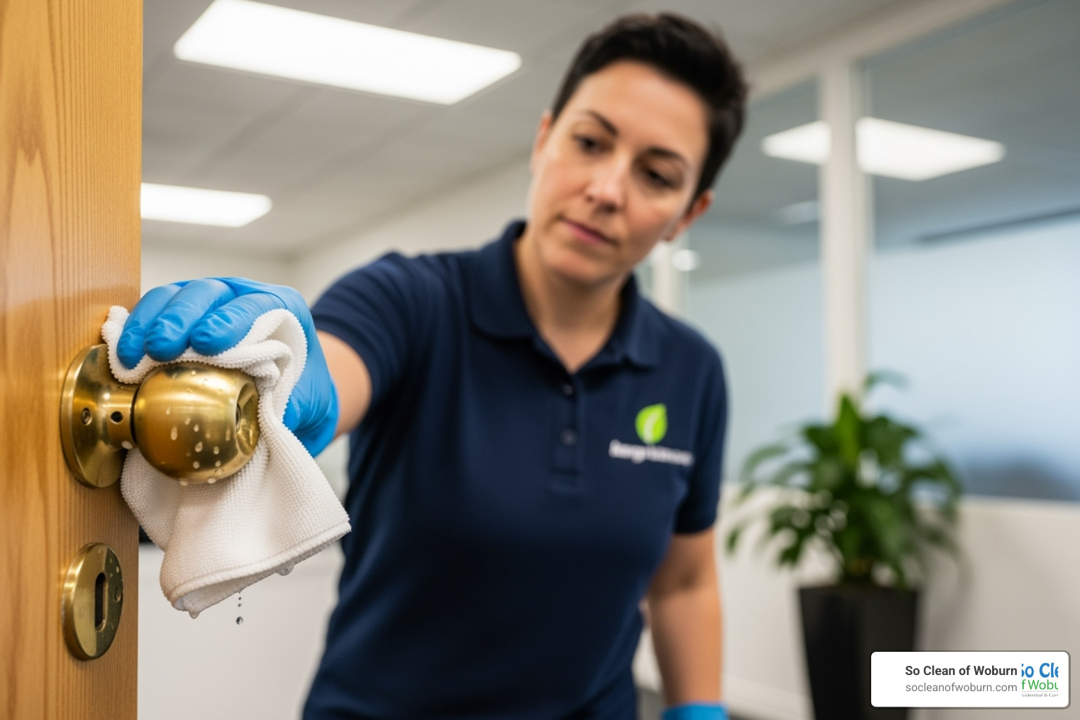 A cleaner performing a detailed task like wiping down a high-touch surface, emphasizing attention to detail in commercial cleaning. - commercial cleaning services prices