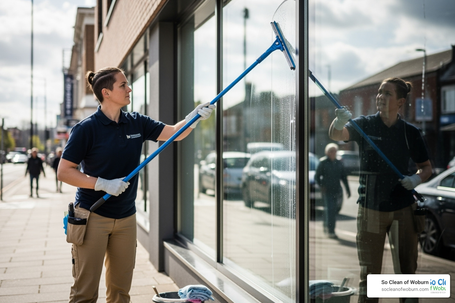 professional cleaner using a long-handled squeegee on a large storefront window - commercial glass cleaning