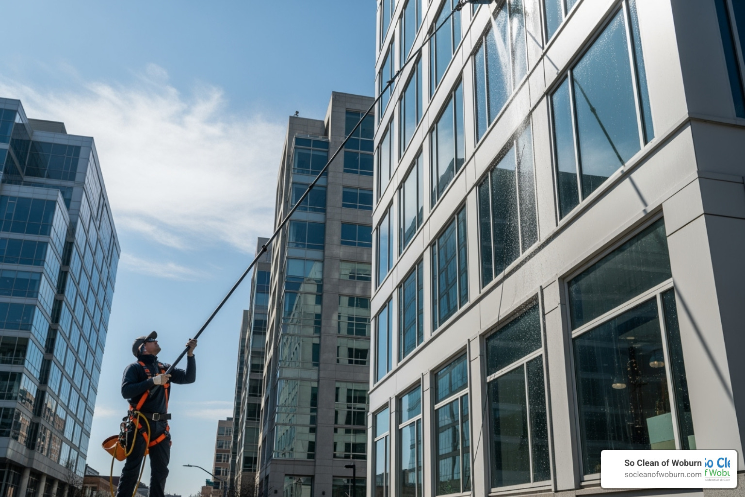 water-fed pole system being used on a multi-story building in Massachusetts - commercial glass cleaning