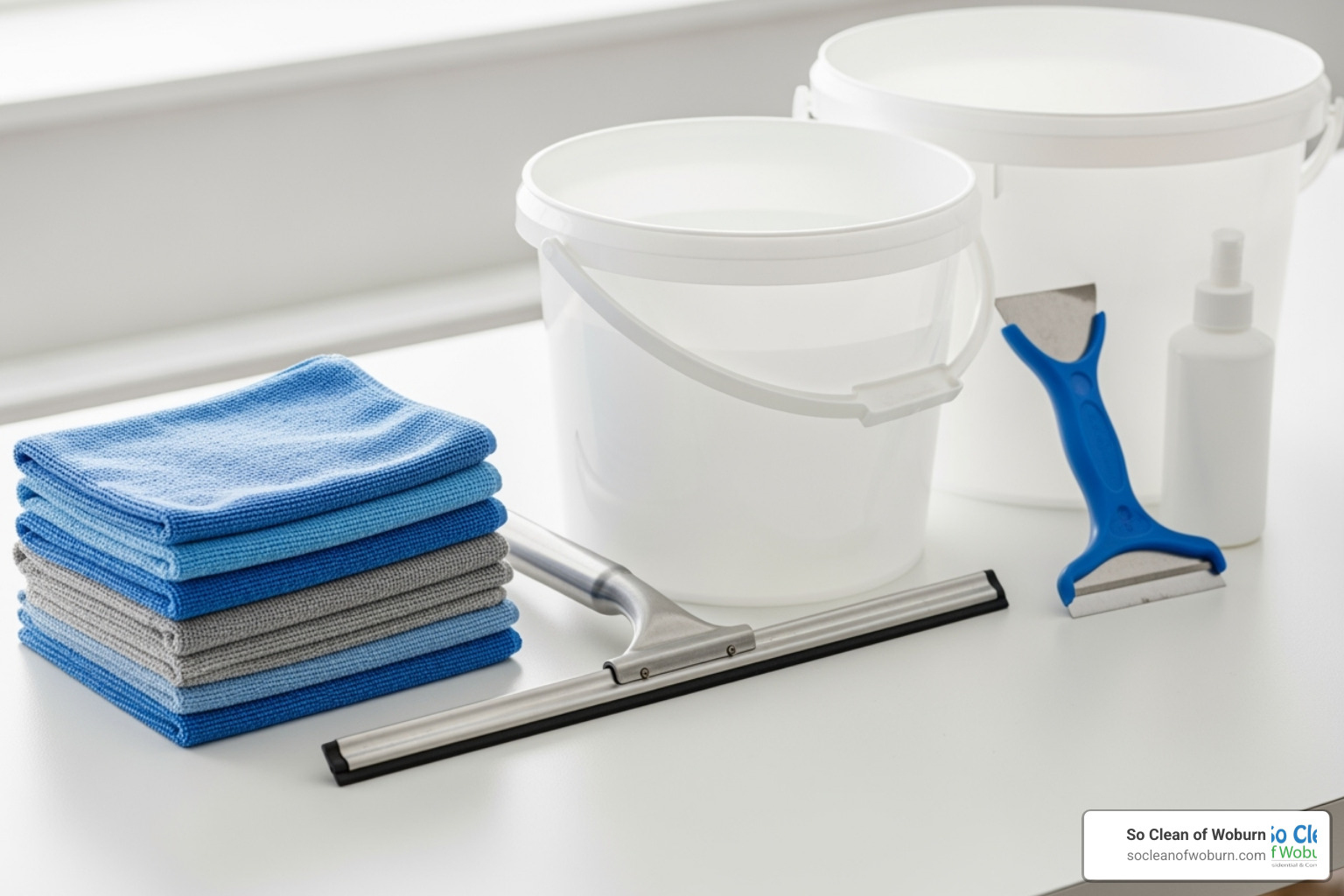 professional window cleaning tools neatly arranged, including a squeegee, microfiber cloths, a bucket, and a scraper - commercial glass cleaning