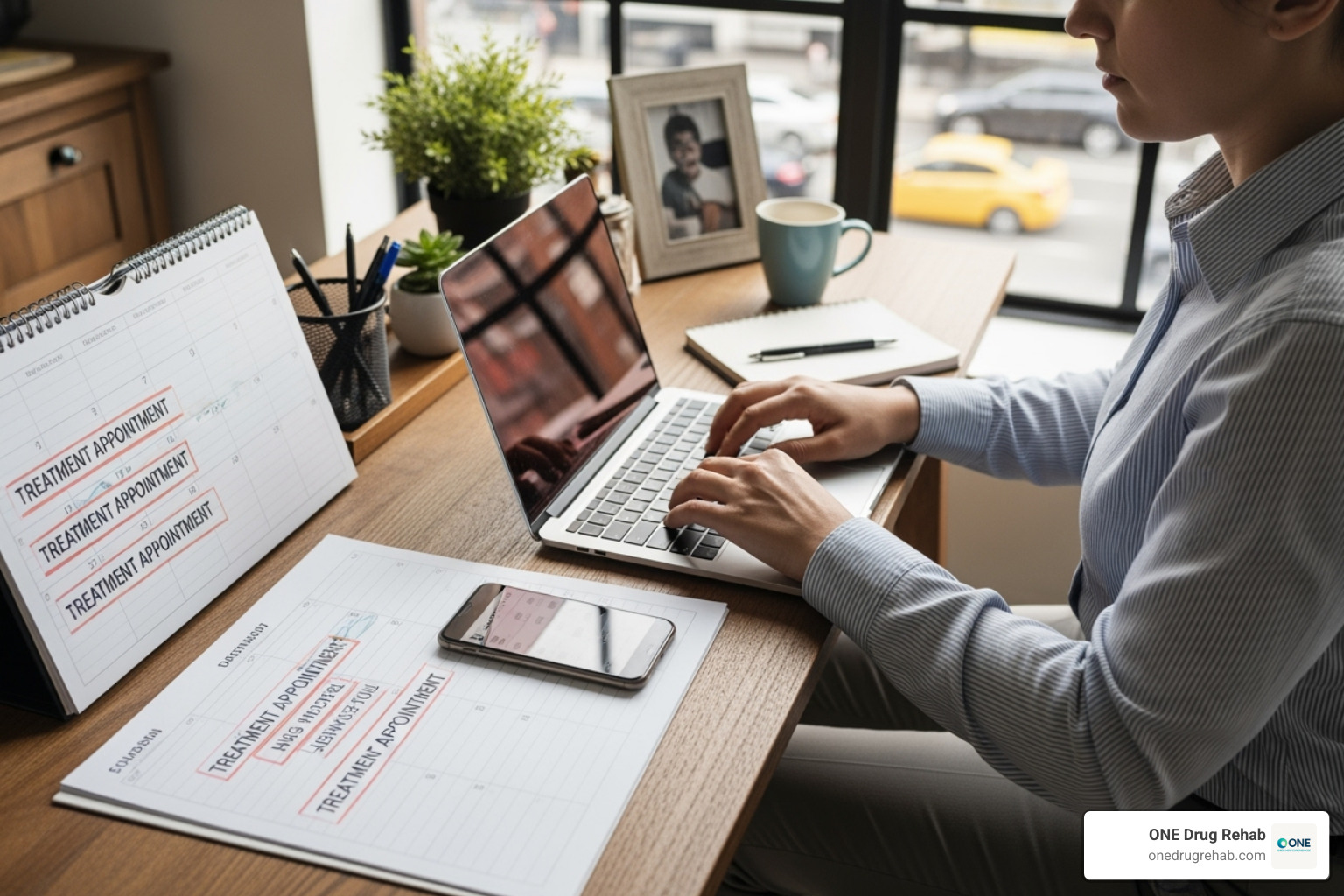 A person balancing work and a calendar with treatment appointments - outpatient detox programs