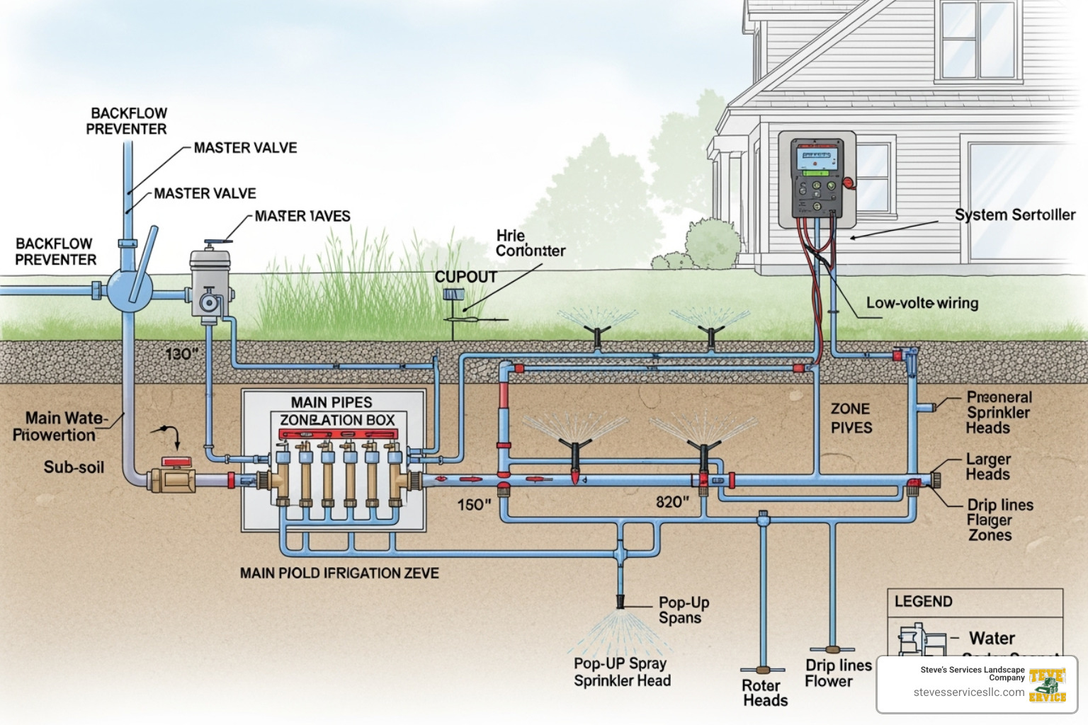 Diagram showing the main parts of an underground sprinkler system - underground sprinkler system maintenance