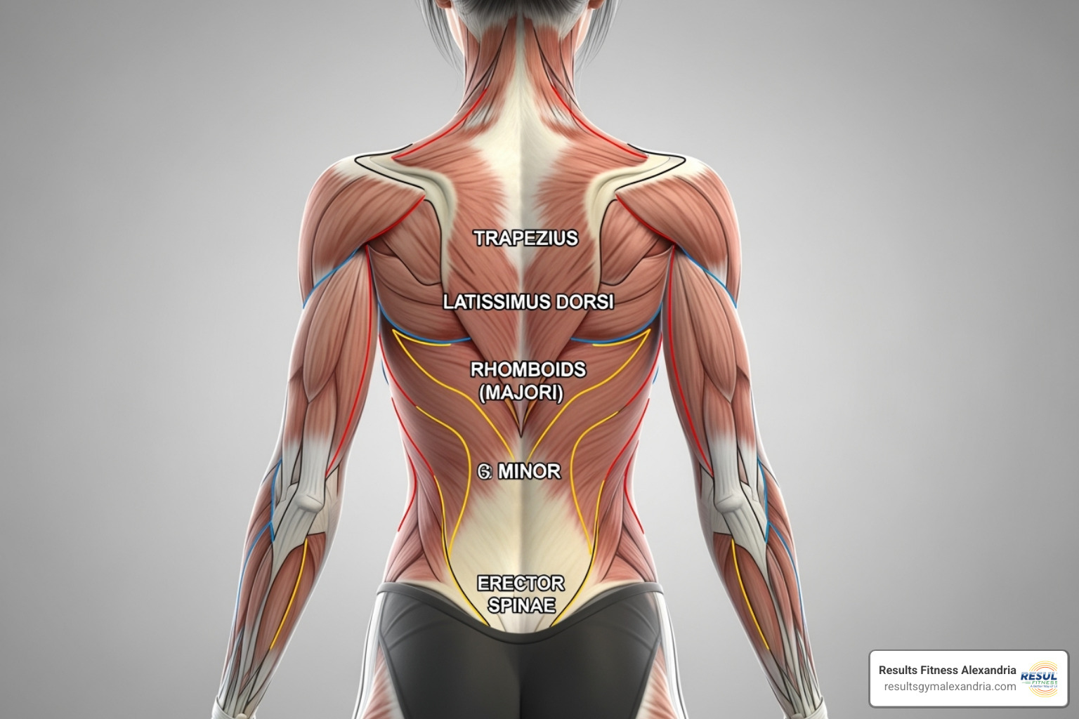 A woman's back with muscle groups highlighted - women's back workout