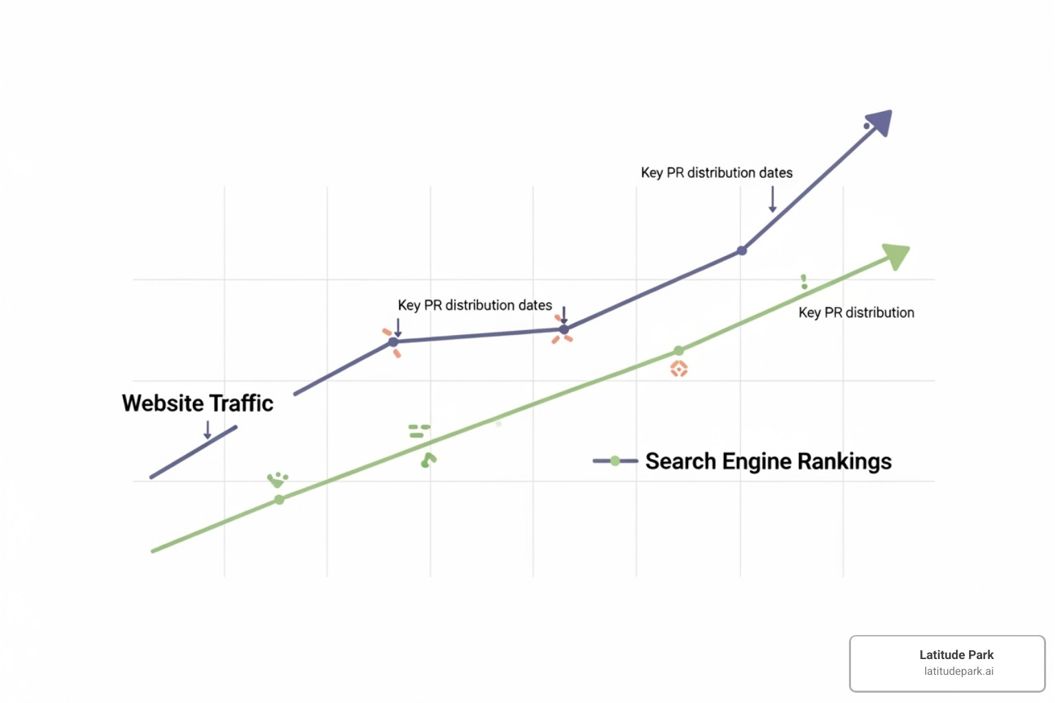 A graph showing a steady increase in website traffic and search engine rankings over time, with annotations pointing to key PR distribution dates - free pr release websites