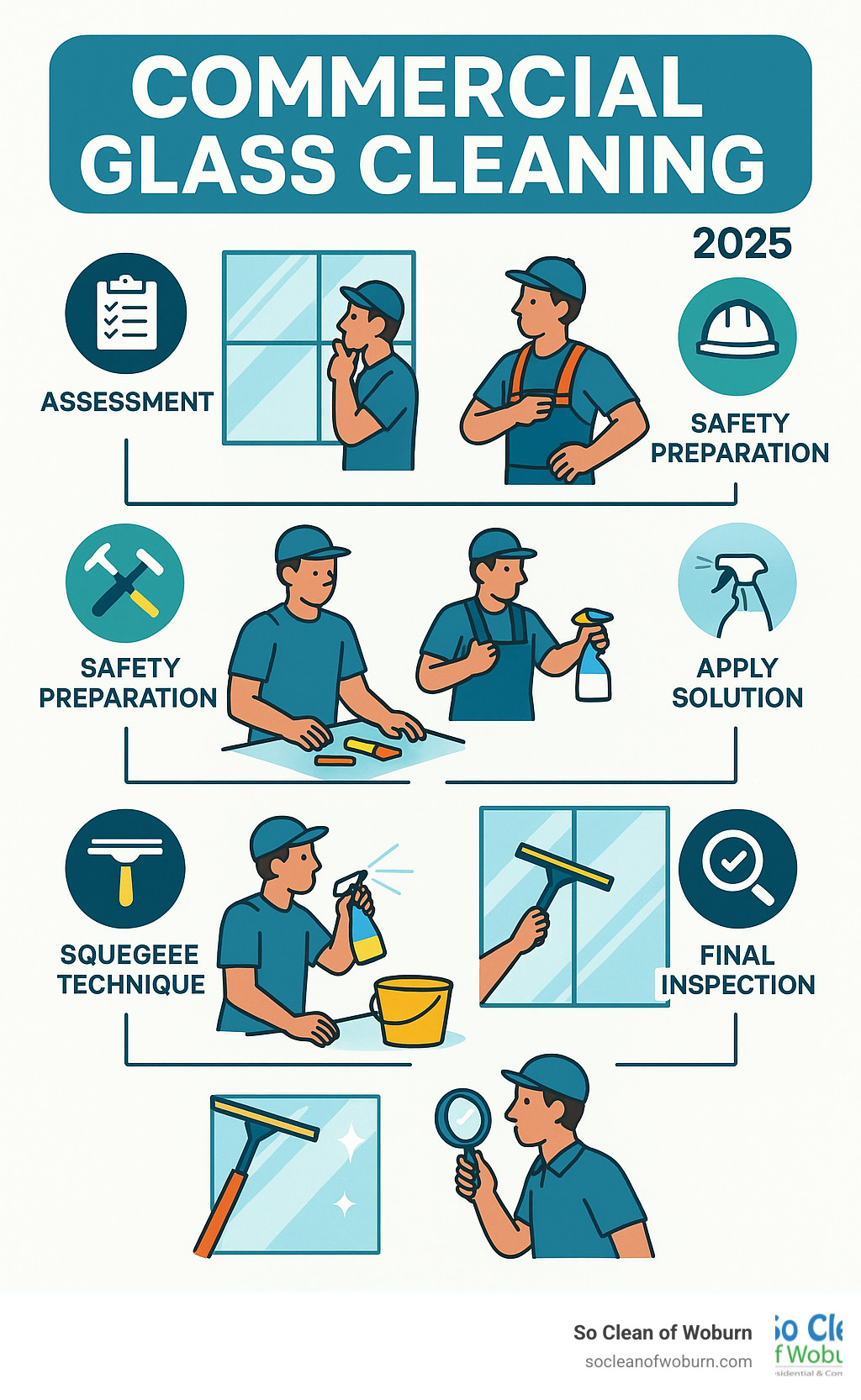 Infographic showing the complete commercial glass cleaning process from initial assessment through final inspection, including tool selection, safety preparation, cleaning solution application, squeegee technique, and quality control steps - commercial glass cleaning infographic 