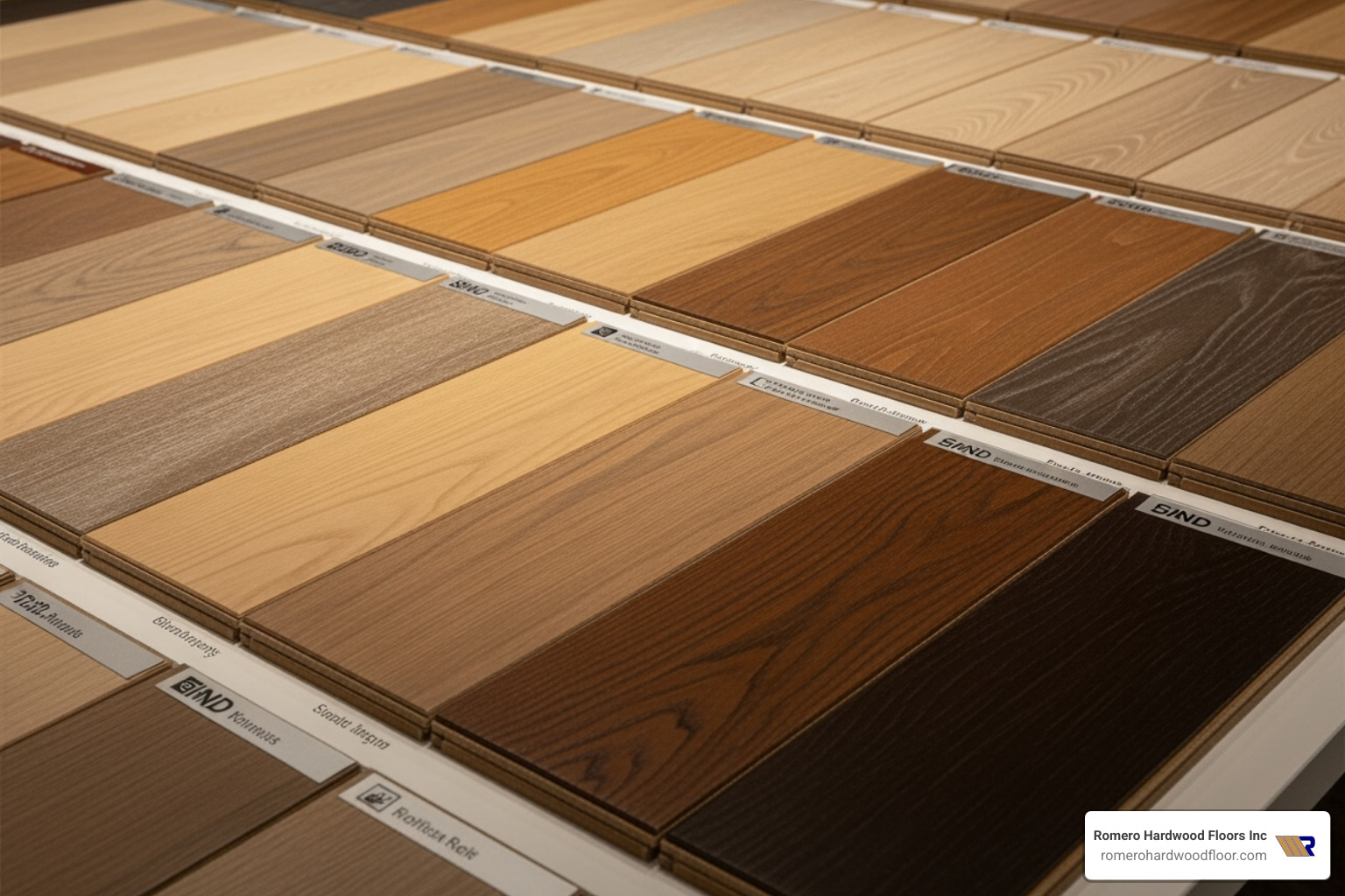 Various hardwood floor samples showing different grains and finishes Various hardwood floor samples showing different grains and finishes