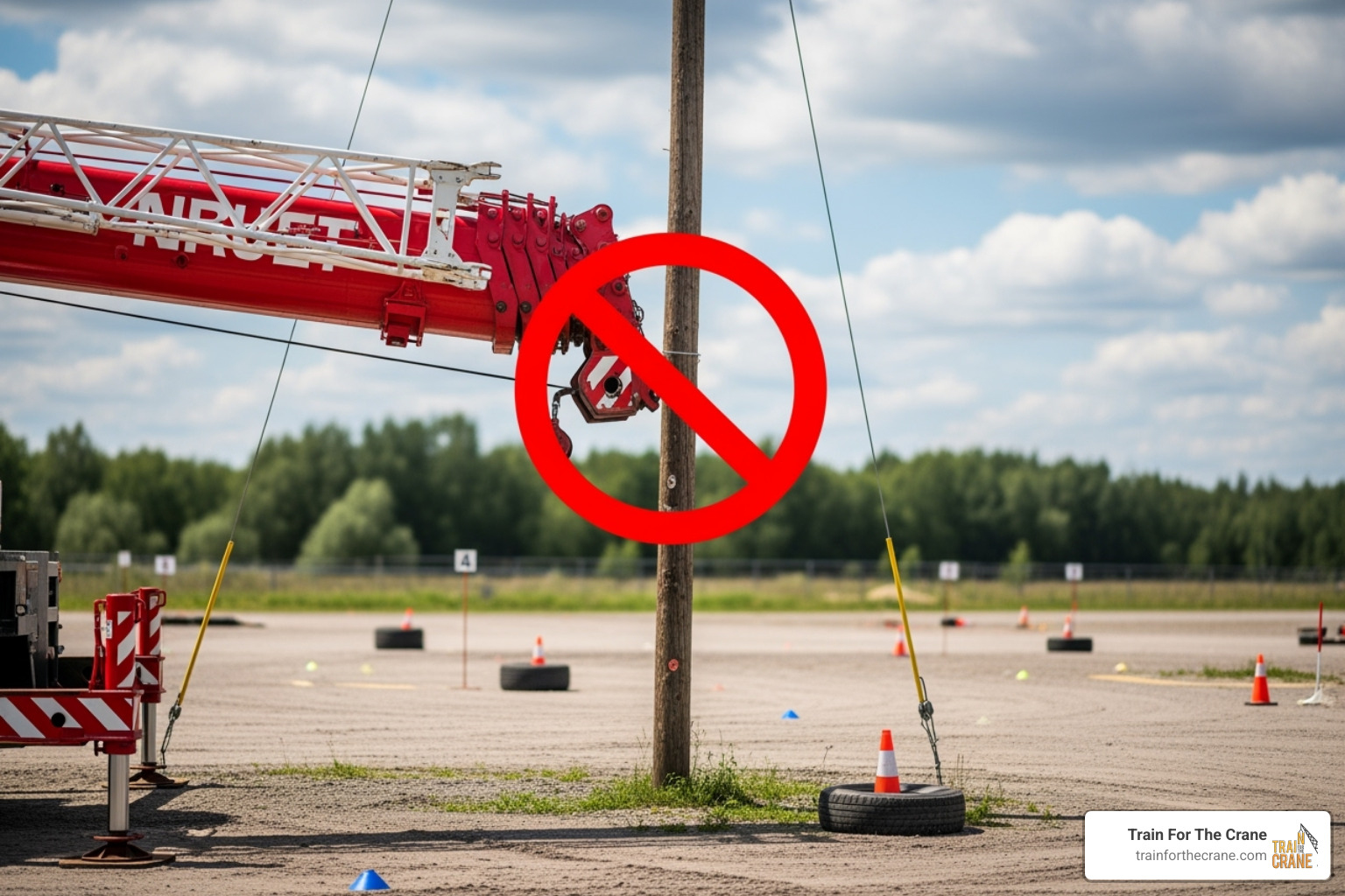 Image of a "do not" symbol over a crane hitting a pole in the test course - crane operator test