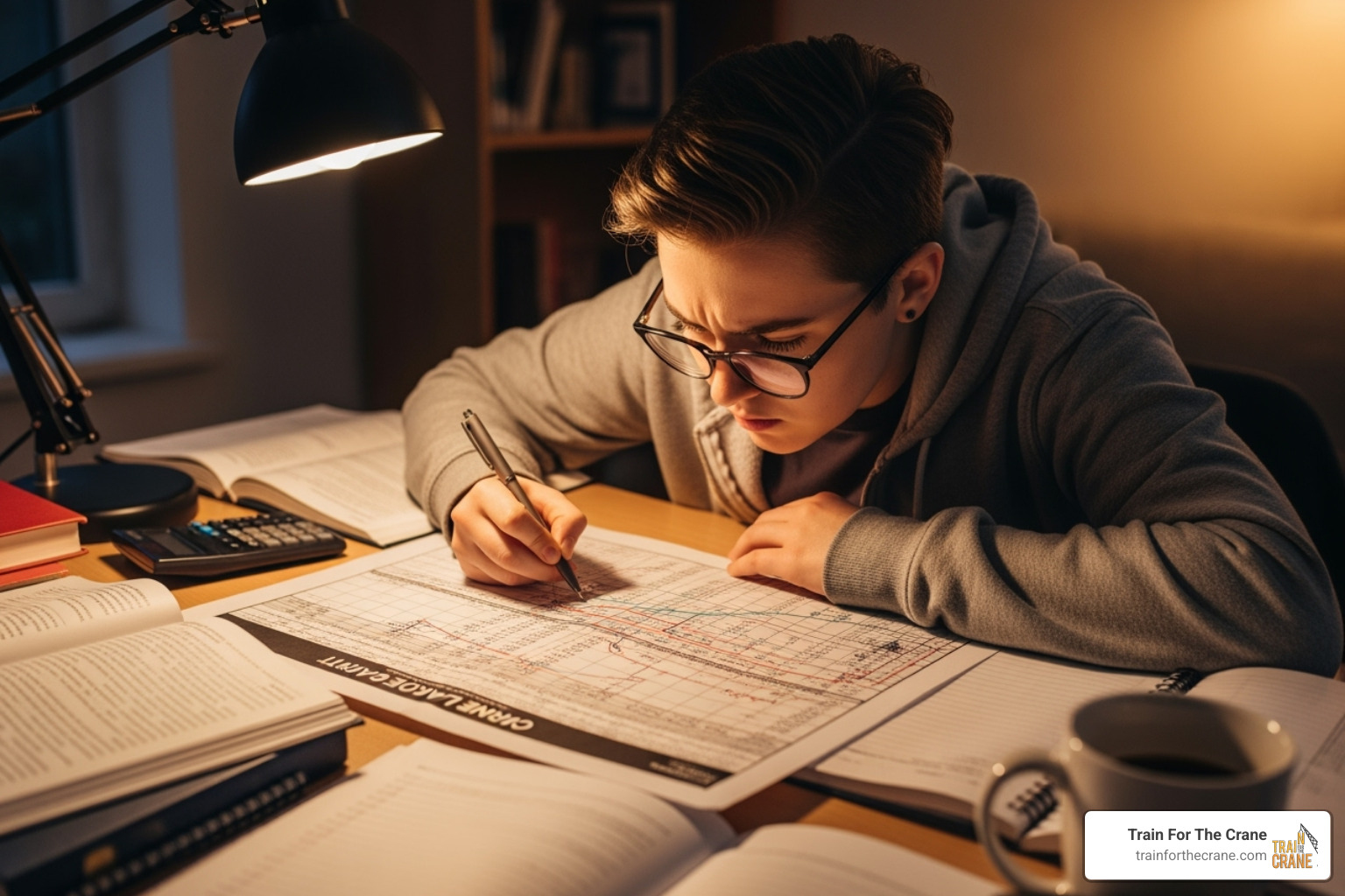 Image of a student studying a crane load chart - crane operator test