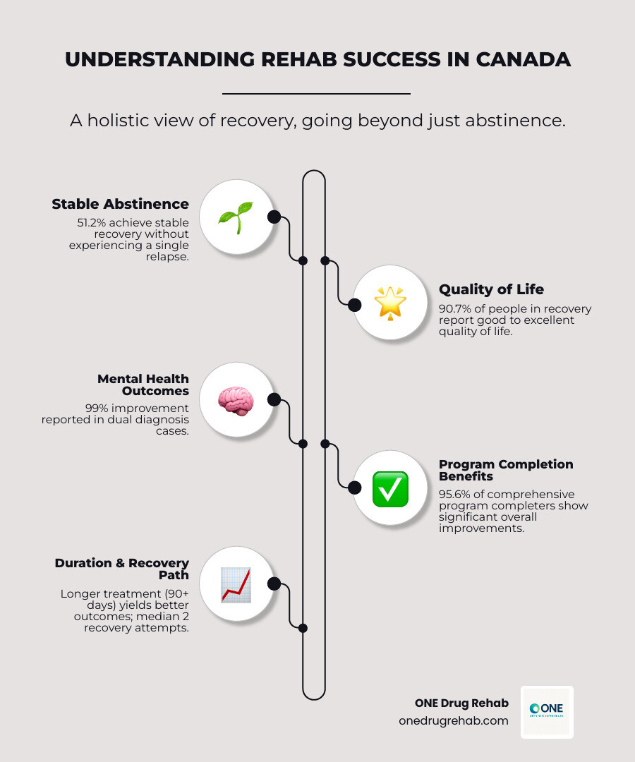 Infographic showing comprehensive measures of rehab success in Canada including abstinence rates (51.2% achieve stable recovery), quality of life improvements (90.7% report good to excellent), mental health outcomes (99% improvement in dual diagnosis cases), treatment completion rates (65% inpatient vs 35% outpatient), and recovery timeline showing median 2 attempts needed with 90+ day programs showing best long-term results - rehab success rates canada infographic infographic-line-5-steps-neat_beige
