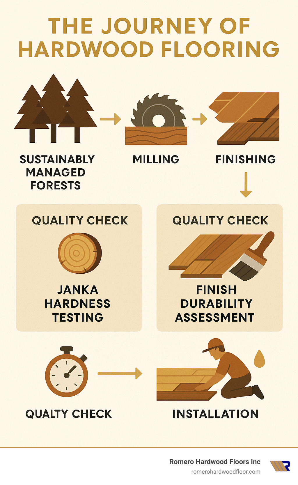 Infographic showing the journey of hardwood flooring from forest to installation Infographic showing the journey of hardwood flooring from forest to installation