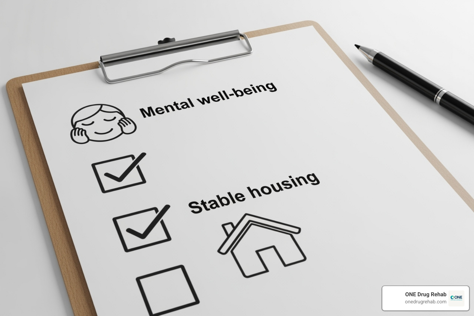 A checklist showing various measures of success like 'Improved Mental Health' and 'Stable Housing' - rehab success rates canada