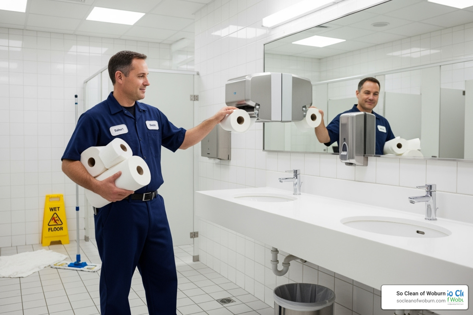 janitor restocking paper products in a sparkling clean commercial restroom - janitor services