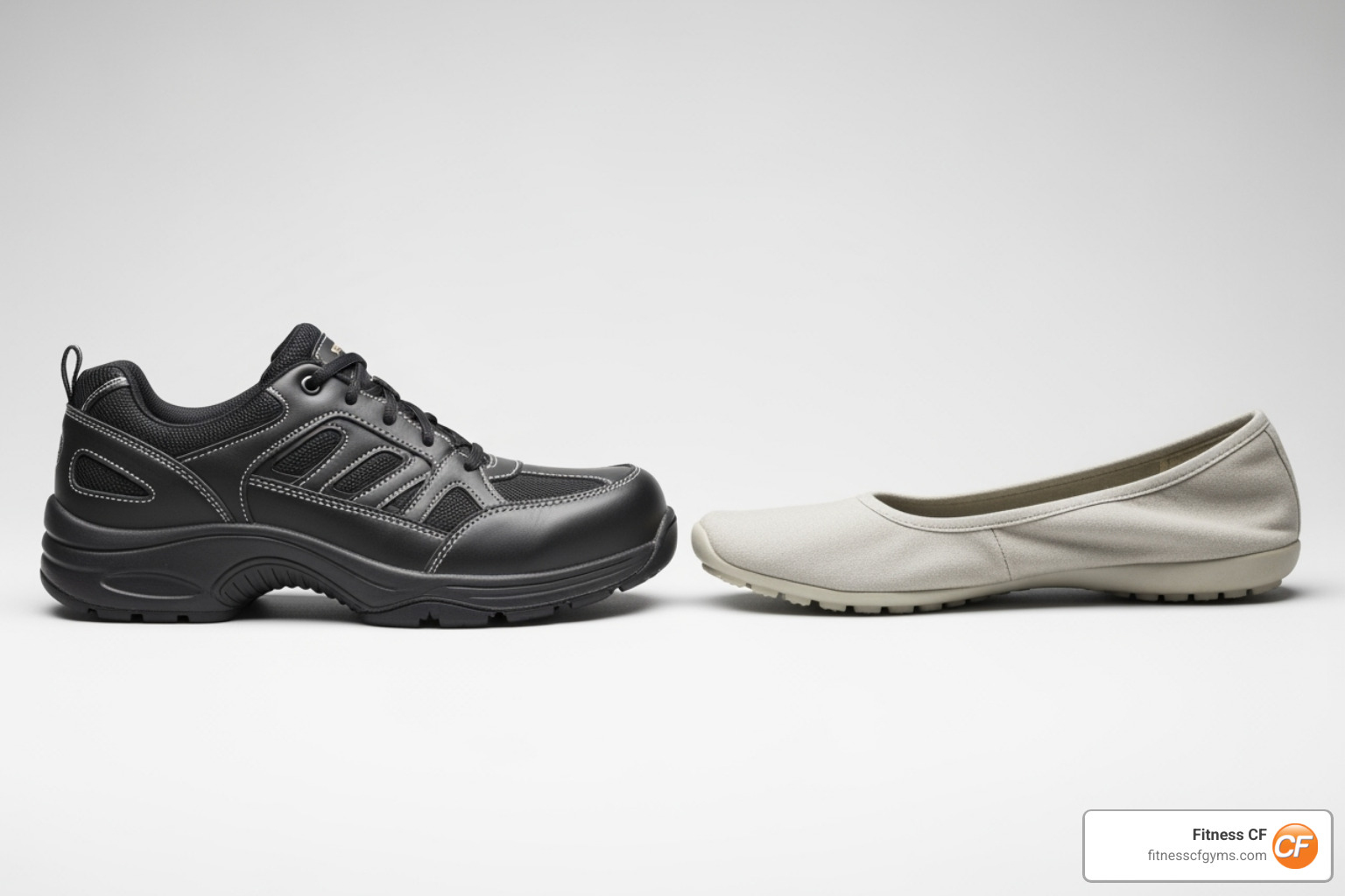 supportive work shoe next to unsupportive flat shoe - how to help sore feet from work supportive work shoe next to unsupportive flat shoe - how to help sore feet from work