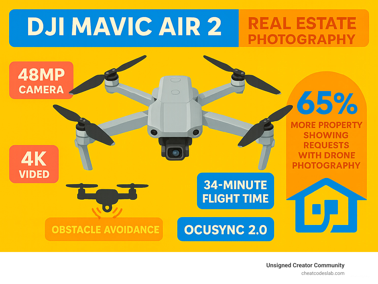 Infographic showing DJI Mavic Air 2 specifications including 48MP camera resolution, 4K video capabilities, 34-minute flight time, obstacle avoidance sensors, OcuSync 2.0 transmission system, and statistics showing 65% increase in property showing requests with drone photography - dji mavic air 2 real estate photography infographic 