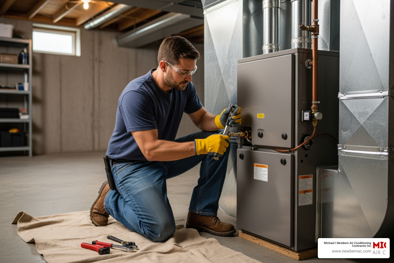 certified technician carefully installing a new furnace - heating system installation