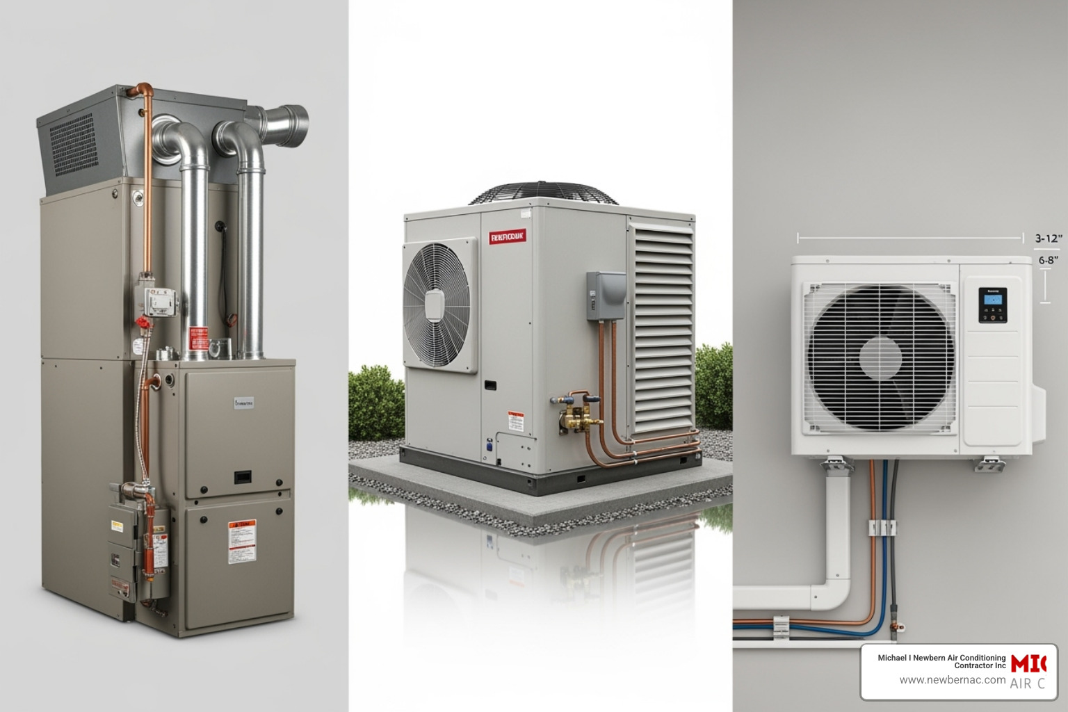 side-by-side comparison of a furnace, a heat pump, and a ductless mini-split unit - heating system installation