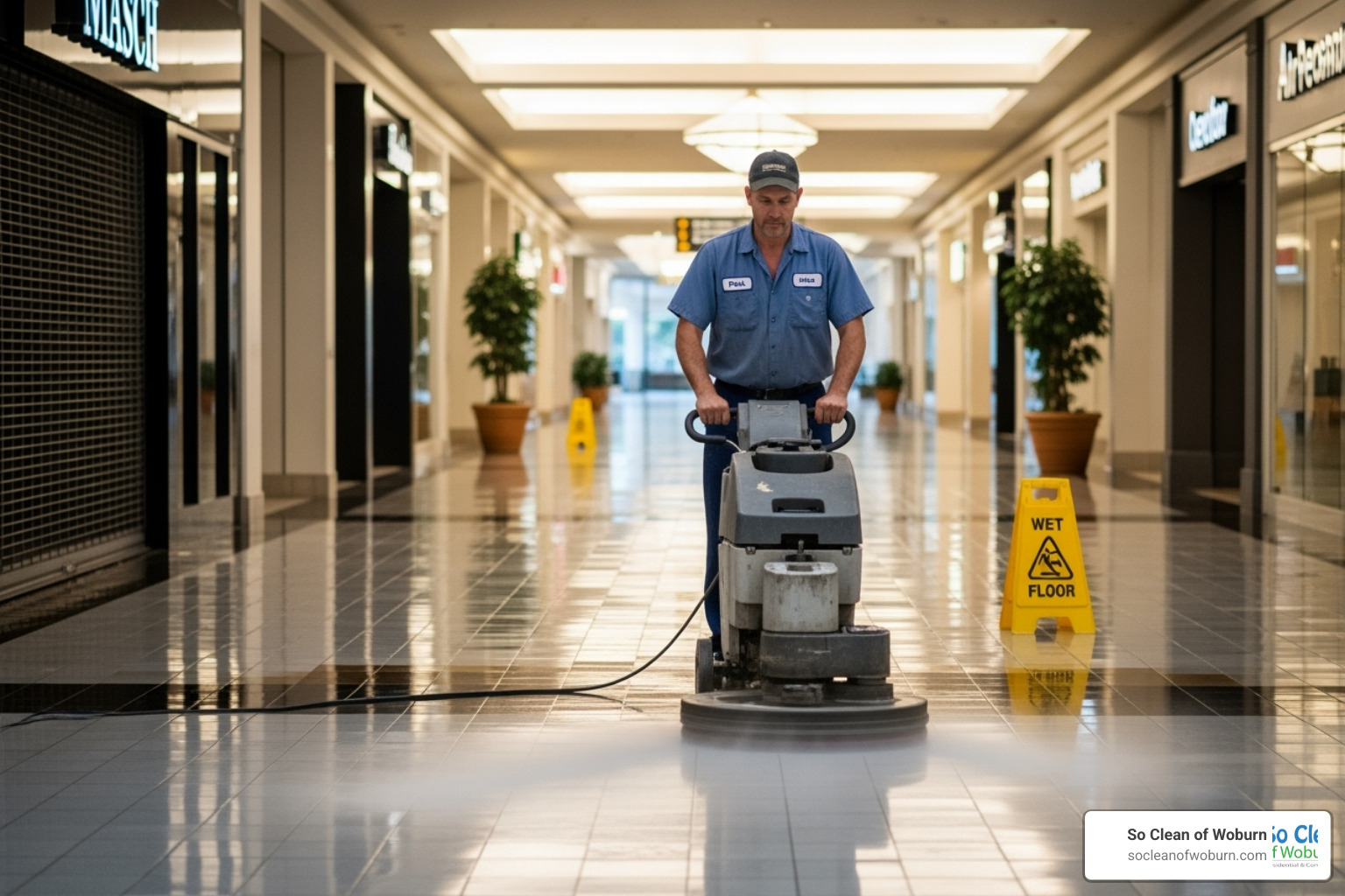 a janitorial worker using a floor buffer. - commercial janitorial companies near me
