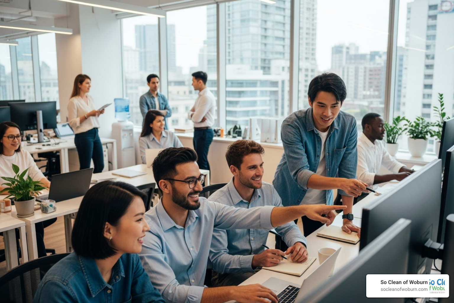 happy, productive employees in a clean office environment. - commercial janitorial companies near me